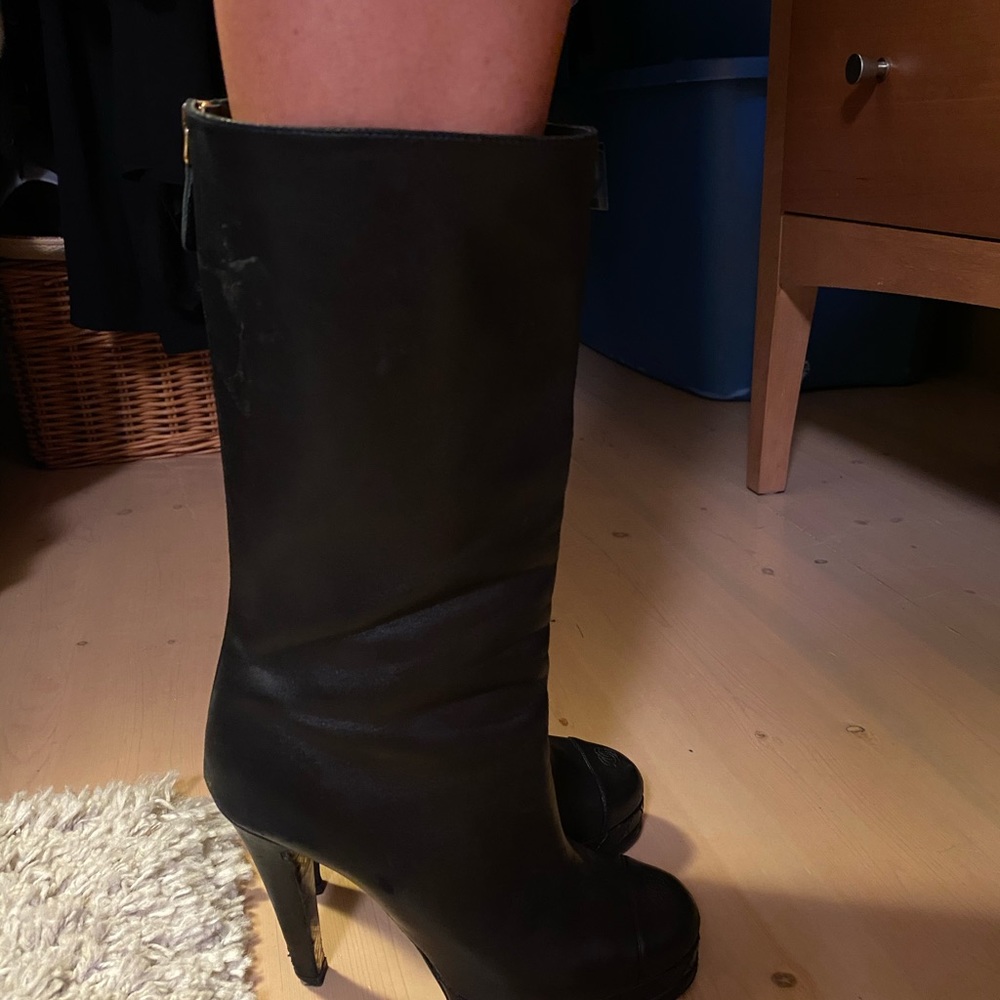 CHANEL Black Leather High-Heel Mid-Calf Boots